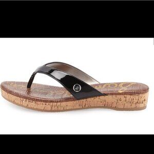 Sam Edelman Tanya Faux Patent Leather Cork Wedge Flip Flops Black, Size 7.5M